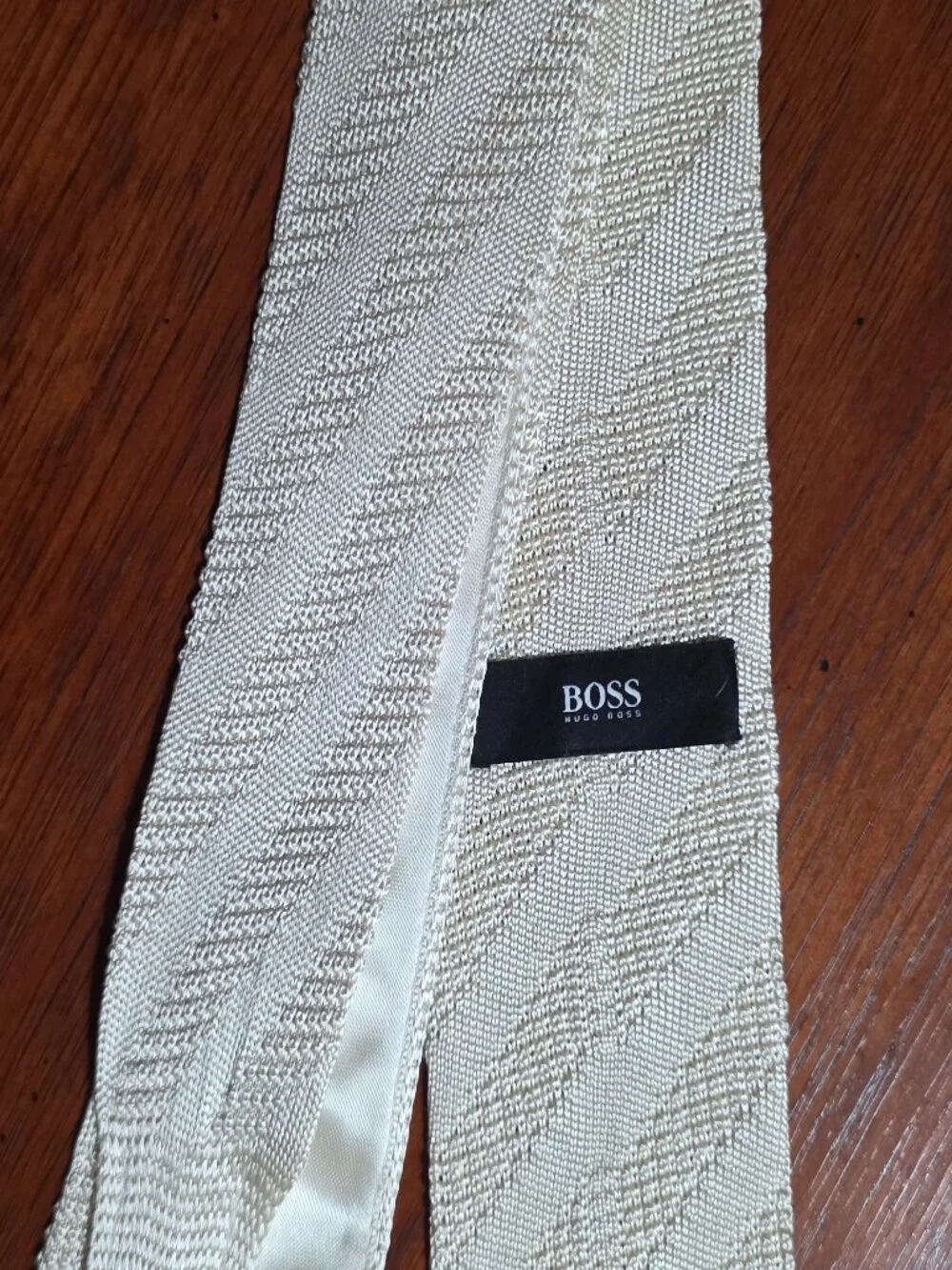 BOSS Hugo Boss Square End Knit Tie Off White Cream Diagonal Texture Italy